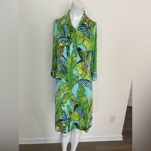 Lilly Pulitzer Palm and Parrot Print Long Sleeves Silk/Jersey Shirt Dress size10